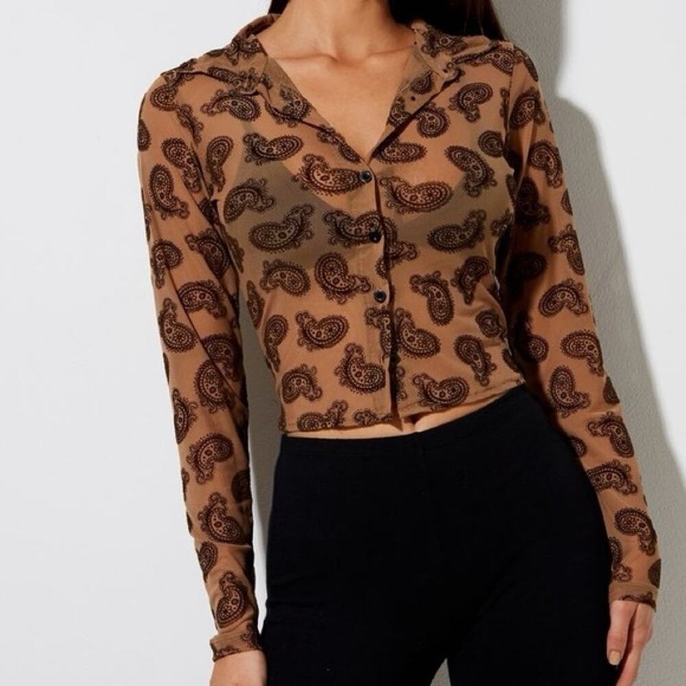 Motel Rocks Kelly Shirt Brown Paisley Mesh Cropped Button Up Top XS NWT